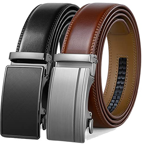 Founders & C Mens Belt 2 Pack,Leather Ratchet Click Belt Dress with Slide Buckle 1 3/8 in Gift Set Box- Size Adjustable (Cognac/Black Belt, 28-42 Waist Adjustable)
