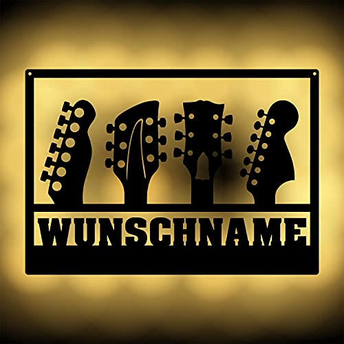 Namofactur personalisierte Wandlampe Gitarre aus Holz für Gitarristen | Mit Wunschname – batteriebetrieben und in verschiedenen Farben wählbar; als Nachtlicht für Musikzimmer oder Wohnraum