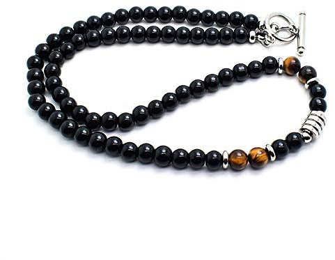 Treasure Bay Handmade Mens Tigers Eye Onyx Beaded Necklace Chain Natural Gemstones Healing Crystal Jewellery (Black Onyx/Tiger's Eye)