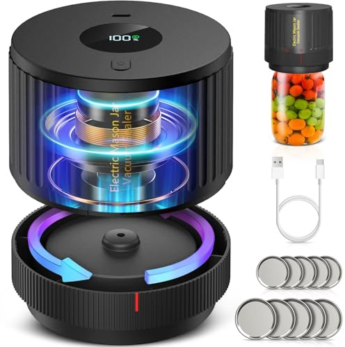 Attikbiz Mason Jars Electric Vacuum Sealer Kit - All-in-One Vacuum Saver with Led Screen, Wide Mouth Jars Sealer Includes 6 Jar Lids - Black | Vacuum Sealer for Jars with Wide and Regular Mouth Mason Jars, Vacuum Sealing Machine for Food Storage