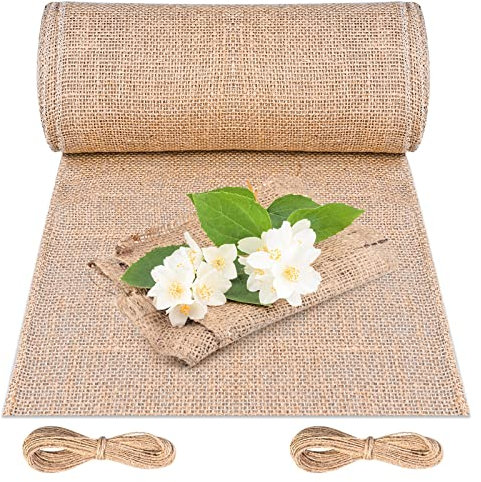 Cieex Jute Tischläufer, Juteband Tischband 30cmx10m, 100% Natur Juteläufer mit 20 m Jute-Schnur für Hochzeit, Bauernhaus Party, Kommunion, Rustikale Tisch Dekoration