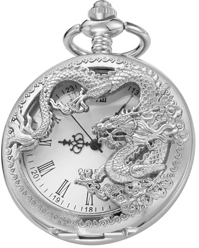 Tiong Silver Vintage Hollow Engraved Dragon Pocket Watch with Chain Necklace Unique Roman Numerals Men Pocket Watches