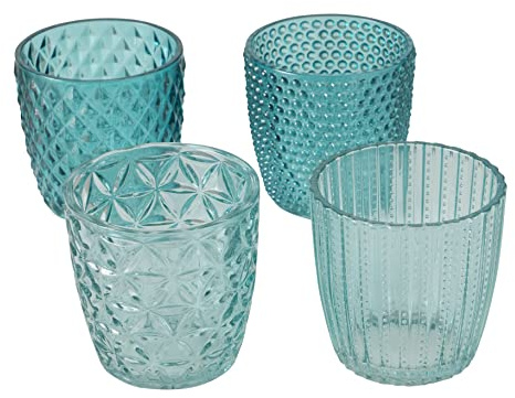 4er-Set Windlichter aus Glas 7,5 x 7,5 cm – versch. Designs – türkis | Teelichthalter, romantisches Ambiente – lackiert, für Kerzen, Lichtspiele – Retro-Look, Kristall-Ornamente – Seaside No.64