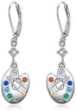 Artist Gifts Sterling Silver Colorful Paint Palette Dangle Earrings Paint Brush Leverback Drop Earrings Jewellery Artist Gift for Women Teacher