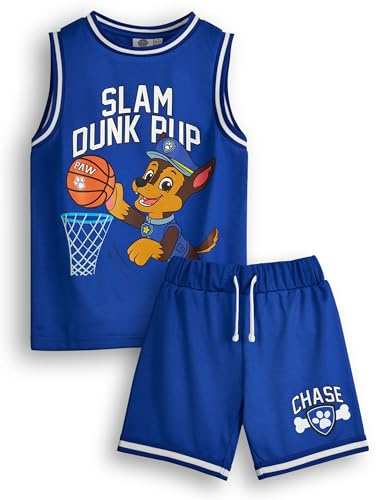 Paw Patrol Boys Chase Basketball Jersey and Shorts Set | Kids Slam Dunk Pup Complete Two Piece Sports Outfit in Blue | Children's Athletic Wear Matching Bundle | Cartoon Merchandise Apparel Gift