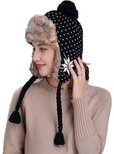 QICHEN Damen Winter Mütze Fliegermütze Trapper Warm Fellmütze Ohrschutzkappe mit Bommeln