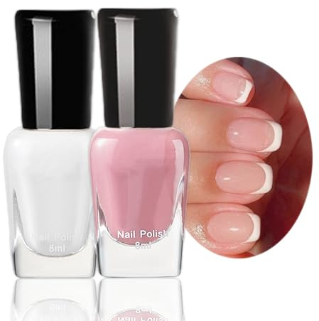 Peel Off Nail Polish Set, 2 PCS Quick Dry Varnish, White & Pink French Tip Manicure, No Need Cure Classic Large Volume, DIY Nail Art at Home