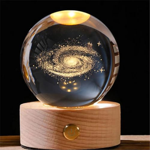 Umikk 3D Kristallkugel Nachtlicht 80mm,USB 3D Sonnensystem Planeten Kristallkugel Nachtlicht Kreative Nachtszene Astronomie LED Ball Lampe,Mit Holzsockel,Geschenk