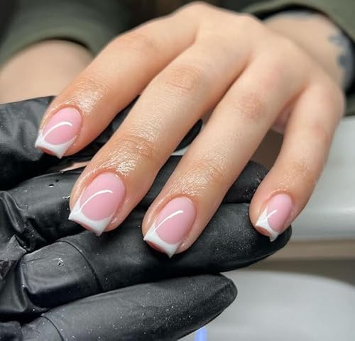 MouyouGlow Press on Nails Kurz,Square Nude Rosa WeiB French Fake Nails mitNagelkleber,Pink Naturlich White Tip Acryl Kunstliche Fingernagel