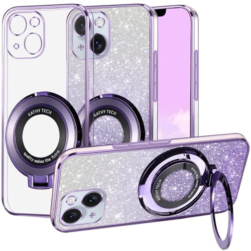Kainevy Cover per iPhone 13 Mini Trasparente Magnetica con Anello Supporto, Antiurto Brillantini Custodia per iPhone 13 Mini Cover Silicone Glitter 2 in 1 Separabile Sottile Case Rosa (Viola)