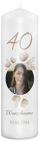 PhotoFancy® - Personalisierte Geburtstagskerze - Fotokerze mit eigenem Foto/Text bedrucken lassen - Kerze mit Geburtstags-Design: Aquarellblumen - 29 cm Höhe