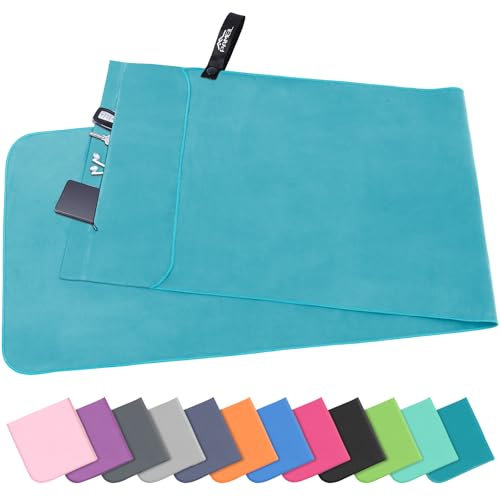Pameil Asciugamano fitness con tasca con cerniera, 120 x 50 cm, in microfibra per palestra, compatto e ad asciugatura rapida, per sport e viaggi (pavone blu)