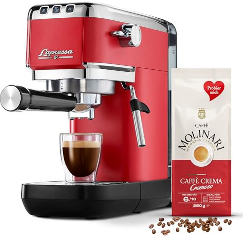 Tchibo Siebträger Espressomaschine „Lapressa“ (15 bar, 980ml Wassertank), Pre-Infusion Technologie, 2-Tassen-Funktion und Milchschaumdüse (Rot) INKLUSIVE Caffè Molinari Kaffeeprobierpack GRATIS