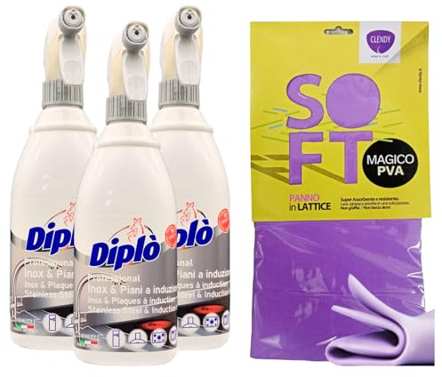 SET: 3x Detergente Spray Per Inox e Piani a Induzione, Non Necessita Di Risciacquo 700ml + Panno In Lattice SOFT, Formato 30x30
