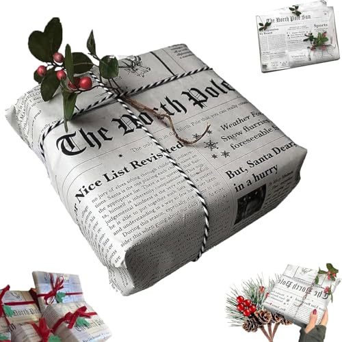 Santa Claus Newspaper Wrapping Paper, Vintage Newspaper Gift Box Wrapping Paper, North Pole Newspaper Wrapping Paper, for DIY Christmas Paper Roll Gift Wrapping