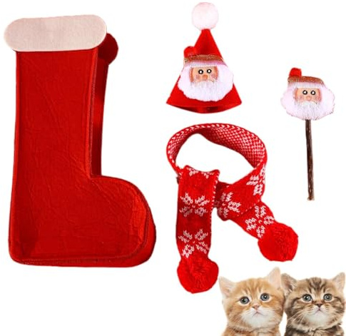 Katze Weihnachtsmütze und Schal, Kostüm Outfit Katze Weihnachtsmütze und Schal, Weihnachtskatzenkostüme Set, Katze Weihnachtskostüm Dekoration für Indoor Cat Holiday