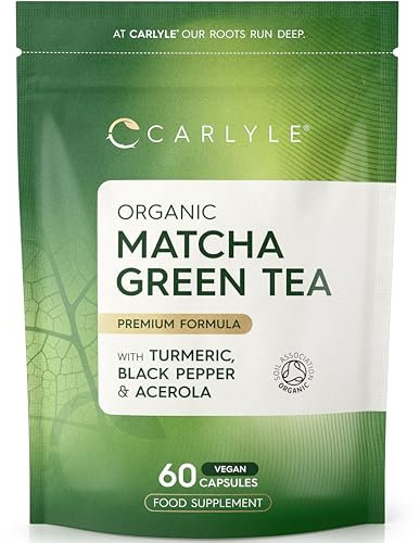 Organic Matcha Green Tea Capsules 2210mg | Japanese Matcha Green Tea Extract with Turmeric, Acerola & Black Pepper | High Strength Complex | 60 Vegan Capsules | by Carlyle