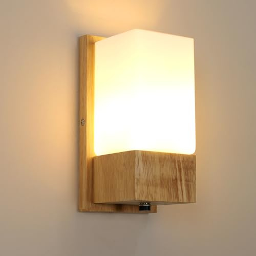Comely Apliques Pared Interior Madera, Lámpara de Pared E27 Vintage con Pantalla de Vidrio para Sala de Estar, Dormitorio, Pasillo, Escalera