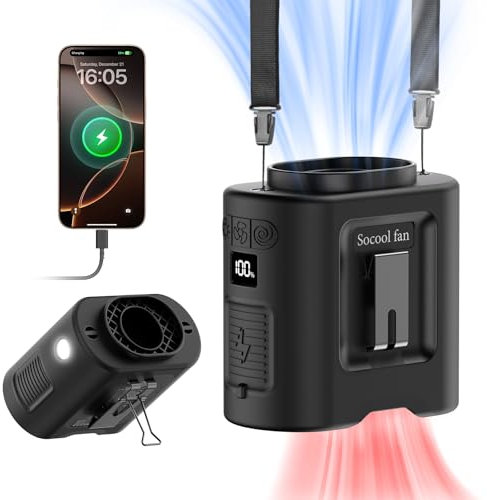 Socool 14500mAh Portable Waist Fan Clip on Belt 360 Rotation Wearable Rechargeable Personal Shirt Fan, 67H Cooling 5-Speed Battery Operated Fans with Light, Neck Fan Hanging for Outdoor Camping Travel