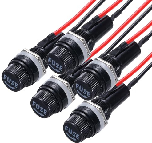 QUARKZMAN 5Pcs Portafusibili a Pannello 6x30mm AC 250V 10A/AC 125V 15A Portafusibili a Vite con Fili Pre-Saldati, Forma Rotonda Porta