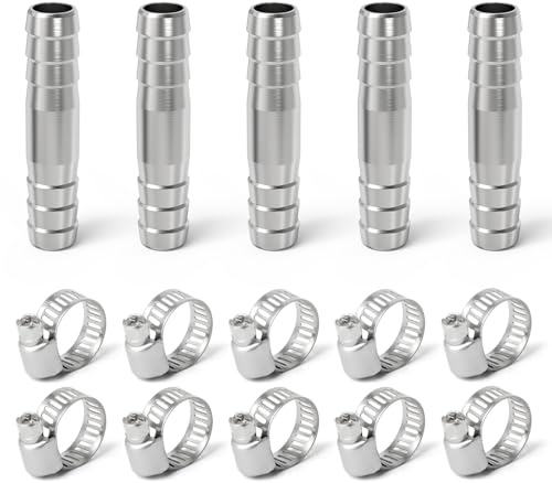 ERGAOBOY 5 stycken 19 mm 304 rostfritt stål slang Barb Splicer Mender Rund Union Coupler, rak adapterskruv med klämma för luft-vatten-bränsle