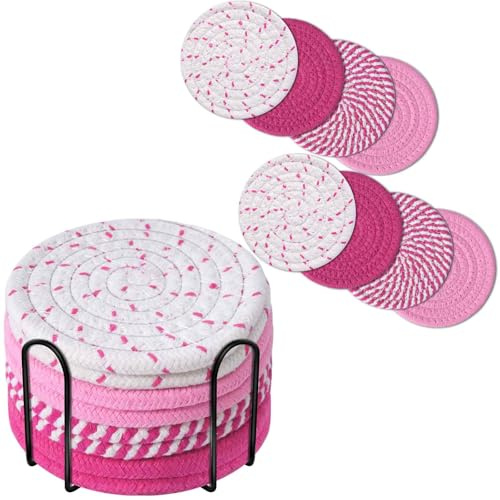 Getränkeuntersetzer, 8 Stück, mit Halter, 4-farbig, gewebte, saugfähige Untersetzer-Set, minimalistische 10,9 cm große Tassenmatte für Heimdekoration, Esstisch, Wohnzimmer, Tischschutz für Kaffee