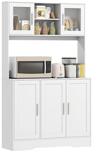 HOMCOM Küchenschrank Hochschrank mit Arbeitsplatte Buffetschrank mit Verstellbaren Einlegeböden, 5 Türen, Vorratsschrank mit Glastüren, Skandinavisches Design, Weiß