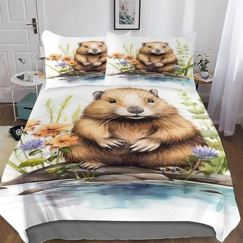 LLXXHH Beaver Duvet Cover Set 2 Pieces, Bedding Comforter Cover with Pillowcases Soft Microfiber Quilt Cover for Boys Girls Kids Single(135x200cm)