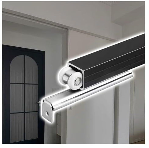 Sliding Pocket Door Kit - Single Aluminum Track & Rollers Top Hung Wall Mounted Outdoor Barn Door Hardware 4.9m Replacement Rail (Black) for Internal/External Use