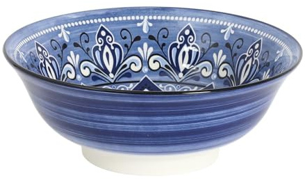 HowHomely Bol en céramique bleu de 21 cm – Grand bol avec motif oriental, bol en céramique pour salade, fruits, pâtes, plats chauds