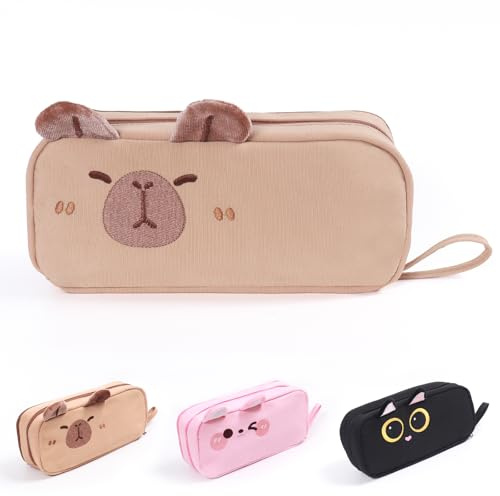Finyoffiy Cartoon Pencil Case Cute 3D Cat Pencils Pouch Large Capacity Zipper Pen Bags with Embroidered Animal Design for Girls Boys (Brown Capybara)