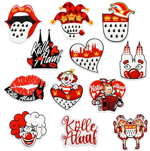 12 Stück Kölner Karneval Rot Weiß Bügelflicken | süße bestickte Reparaturflicken, Karneval Patches für Kleidung, Jeans, Hosen, Nähen, Hüte, Bastelzubehör (Rot-12)