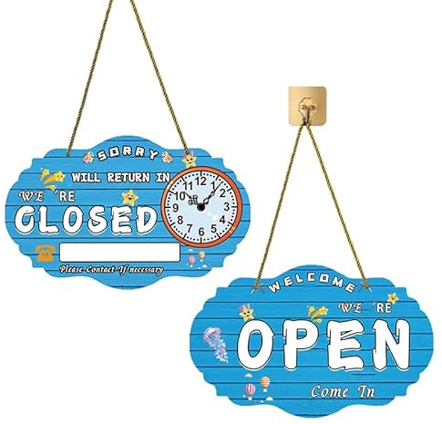 8Gnituhs Letrero Azul Abierto Cerrado con Reloj, Doble Cara de 40x25cm de Vinilo, para Ventana, Puerta, Tienda y Oficina de Negocio, Letrero de Volveré Pronto, Vengan Estamos Abiertos, Vuelvan Pronto
