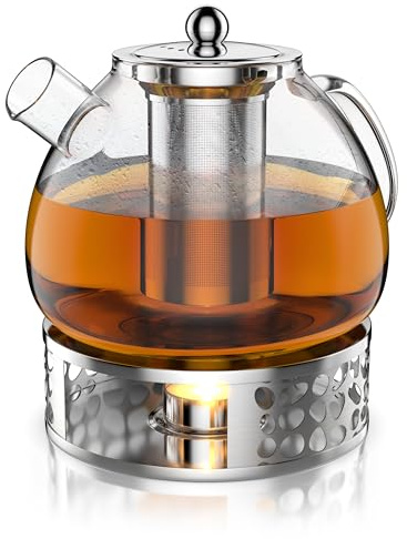 Arendo - Glas Teekanne mit Stövchen - mit Sieb - 1500 ml – aus Borosilikatglas – mit Edelstahlsieb – feinmaschig – hitzebeständig – Glasteekanne – für losen Tee Kräutertee Früchtetee – Teekocher – lan