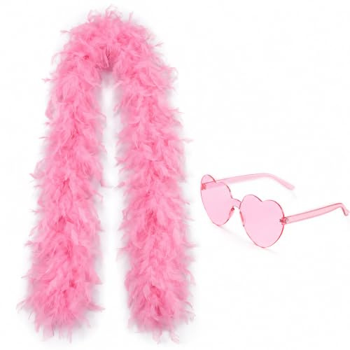 VNIDJGB Pink Feather Boa and 1.5m Heart Rimless Sunglasses,Pink Loose Feathered Accessory,Party Decorations Turkey Feather Scarf Fancy Dress Accessories for Dancing Wedding Parties,Cosplay,New Year