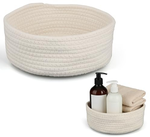 Fizdoqg 25 x 25 x 10cm Aufbewahrungskorb, Aufbewahrungskorb Geflochten | Weiss Korb Aufbewahrung für Badezimmer, Schminktisch, Schreibtisch, Lagerung Deko, Oval