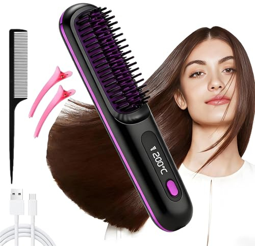 Brosse Lissante Portable Sans Fil, Brosse Lissante Chauffante Cheveux Court, 3 Températures Ajustables 20s Chauffage Rapide, Idéale pour Démêler, Lisser & Coiffer Cheveux (Noir)