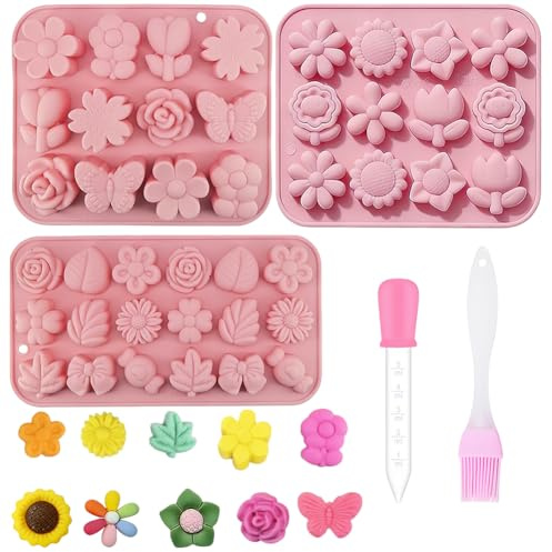 Stampi In Silicone a Forma Di Farfalla e Fiore 3 Pezzi Con Contagocce & Pennello Da Cucina In Silicone,3D Stampi In Silicone a Forma Di Farfalla e Fiore Per Cioccolato,Decorazione Per Torte,Caramelle