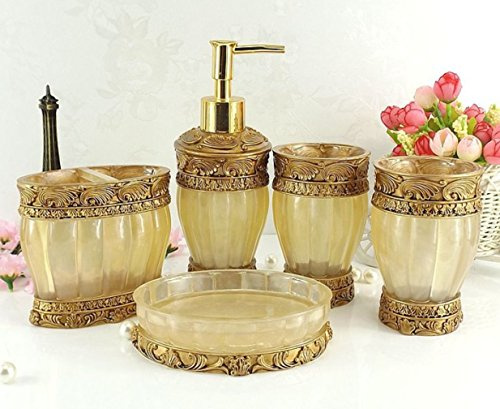 HONGS kontinental Luxus 5tlg Bad-WC Garnitur Badezimmer Set Bürste Becher Seifenspender Badgarnitur,Gelb