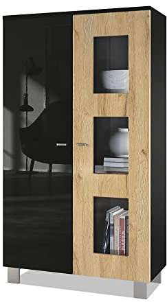 Vladon Vitrine Denjo, Made in Germany, Standvitrine mit 2 Türen und 3 Glaseinsätzen, Schwarz matt/Schwarz Hochglanz/Eiche Natur (71 x 129 x 35 cm)
