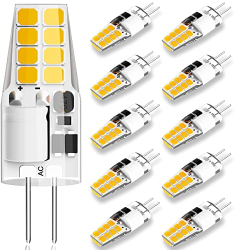 Lacnooe G4 LED Bulb 3W Equivalent to 20W-25W T3 JC Type Bi-Pin G4 Base Halogen Bulb, AC/DC 12V Warm White 3000K G4 Light Bulbs for Puck Light, RV, Under Cabinet Lighting, Landscape Lighting (10 Pack)