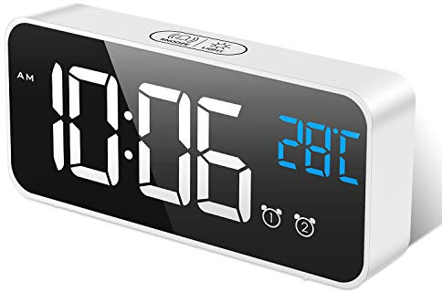 MOSUO Sveglia Digitale, Sveglia da Comodino con Temperatura e LED Grande Schermo, Orologio a Specchio con 2 Allarme, Snooze, Suoni e Luminosità Regolabile, Controllo Vocale, USB Ricaricare, Bianca