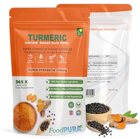 FoodPURA 365 x Turmeric with Black Pepper Capsules High Strength 1700mg HACCP Certified, Manufactured in The UK by FoodPURA 1 Pack of 365 Capsules … …
