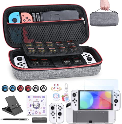 Switch Tasche für NS Switch OLED - innoAura 18 in 1 Switch Zubehör mit Switch Hülle, Switch Spiele Aufbewahrung, Switch Schutzfolie für Switch OLED, Switch Ständer, Switch Joystick Kappen (Grau)