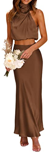 PRETTYGARDEN Women's 2 Piece Satin Outfits Summer Sleeveless Mock Neck Crop Tops and Long Skirt Dress Sets (Khaki,Small)