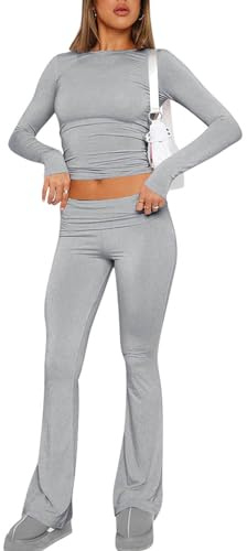 ABINGOO Femme Ensemble de 2 pièces s Crop Top et Taille Basse Pantalon Évasé Stretch Ensemble Yoga Femme Tenue de Sport Fitness(Gris,M)