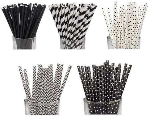 125 Pezzi Cannucce Carta, Cannucce da Cocktail, Cannucce di Carta per Feste, Compleanno, Matrimoni, Celebrazioni - Pattern in Bianco e Nero