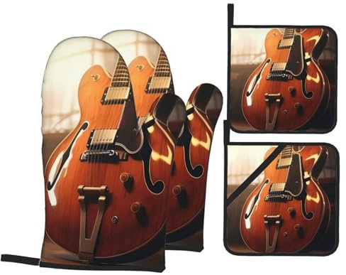 YYHWHJDE Ofenhandschuhe und Topflappen mit Vintage-Gitarre, 4er-Set: dick und langlebig, verbrühungssicher und wärmeisolierend