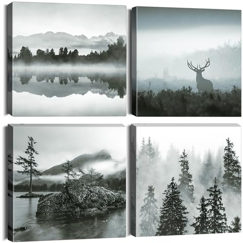 Artscope 4 Teilig Leinwandbilder mit Wald und Nebel Motiv Kunstdruck - Moderne Wandbild für Badezimmer Wohnzimmer Wanddekoration - 30 x 30 cm