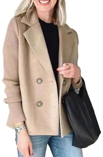 DECORN Women's Lapel Button Knitted Patchwork Sleeve Casual Coat,Trendy Double Breasted Pea Coats with Pockets,Winter Blazer Loose Jackets Tops (UK, Alpha, S, Regular, Regular, Kachi)